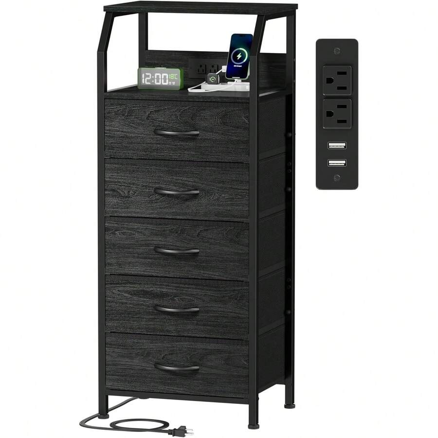 Vintage Nightstand With Charging Station And 3 Drawers - Black - View 1