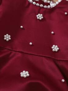 1pc Baby Girls' Beaded Decor Round Neck Puff Sleeve Short Dress, Suitable For Spring/Summer - Burgundy - View 4