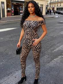 Bộ đồ hai mảnh hở vai họa tiết da báo dành cho nữ: Trang phục đường phố cho mùa xuân hè và các buổi tiệc. - màu nâu - Xem 1