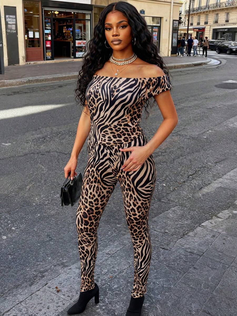 Bộ đồ hai mảnh hở vai họa tiết da báo dành cho nữ: Trang phục đường phố cho mùa xuân hè và các buổi tiệc. - màu nâu - Xem 1