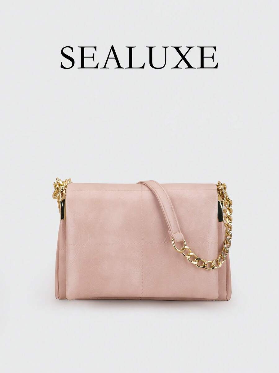 复古绗缝粉色PU方包，现代简约奢华女士单肩包，饰以刺绣线和金属链，拉链封口，适合日常购物和休闲穿着 - 粉色 - 查看 1