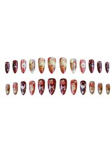 Monina 24pcs Cute Strawberry Cat Almond Shaped Fake Nails, Vintage Cute Orange Cat Floral Print Plaid Playful Fresh Student Girl Nail Decor, Daily Manicure Nail Supplies - Multicolor - View 6