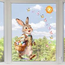 1pc Cute Rabbit Sitting On Log Window Sticker, Includes Easter Egg & Butterfly Patterns, Removable DIY Decal, Suitable For Spring Easter Bedroom, Living Room, Balcony And Shop Window Decoration - Multicolor - View 10