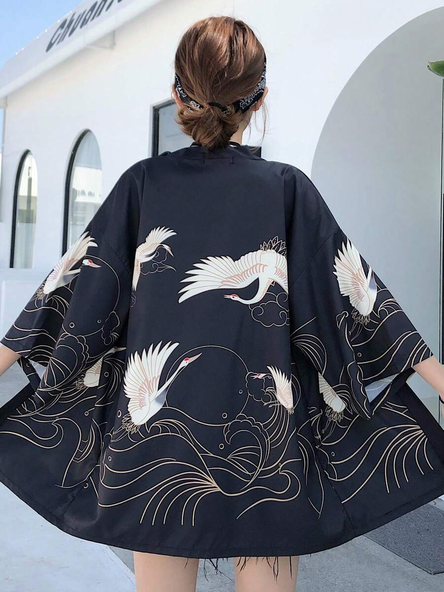 Áo khoác kimono dáng rộng in hình chim hạc kiểu Nhật cổ điển, nhẹ nhàng, đa năng, thích hợp mặc mùa xuân/hè. - màu đen - Xem 1