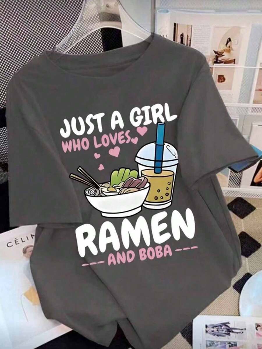 时尚创意卡通可爱奶茶图案印花保暖圆领T恤，舒适短袖休闲T恤，可机洗，日常必备，宽松版型，男女皆宜，街头风，适合上学、度假、购物、运动等夏季场合。 - 深灰色 - 查看 1