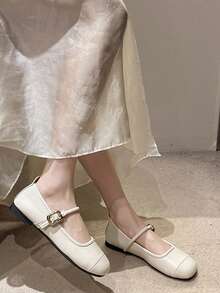 女士方头平底鞋，复古玛丽珍皮鞋，优雅法式休闲舒适通勤鞋，金属扣装饰芭蕾舞鞋