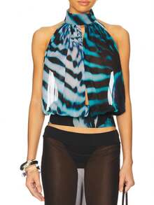 Y2k Halter Top For Women Sleeveless Cowl Neck Slit Front Going Out Tank Tops Tie Up Backless Summer Crop Top - 藍色 - 查看 3