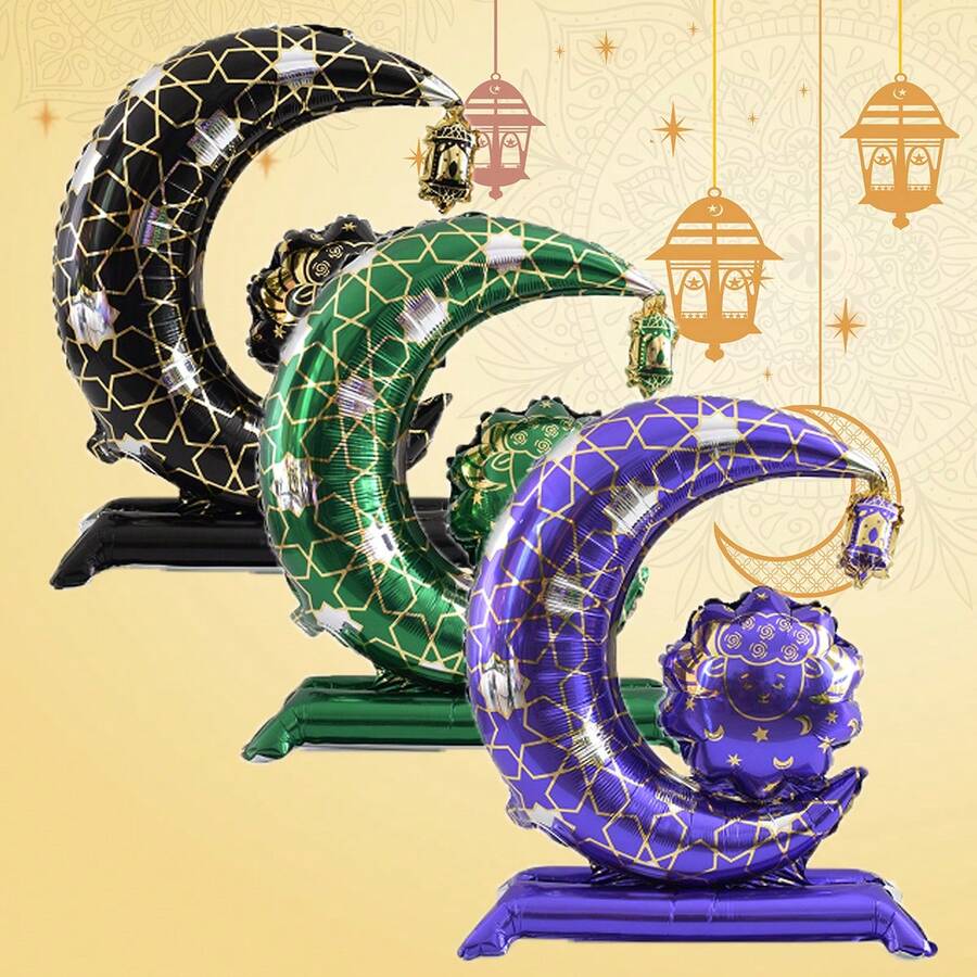 1 Balão Metalizado em Formato de Lanterna com Ovelha e Lua para o Ramadã e Eid Al-Fitr - Decorações para o Ramadã Kareem e Eid Mubarak - Multicolorido - Ver 1
