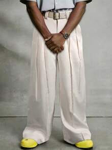 Men's Apricot Pleated Design Loose Wide Leg Pants, Streetwear Style - Apricot - View 2
