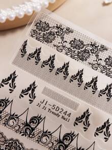 2片装黑色蕾丝美甲贴纸，浮雕婚礼设计美甲贴花，花瓣性感复古蕾丝美甲用品，DIY美甲装饰贴纸 - 黑色 - 查看 3