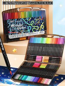 72色闪光笔尖马克笔，小巧黑色盒装闪光马克笔，学生绘画闪光笔，艺术绘画和涂鸦笔，适用于绘画、日记、贺卡制作等。