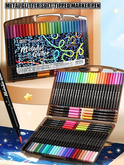 72色闪光笔尖马克笔，小巧黑色盒装闪光马克笔，学生绘画闪光笔，艺术绘画和涂鸦笔，适用于绘画、日记、贺卡制作等。