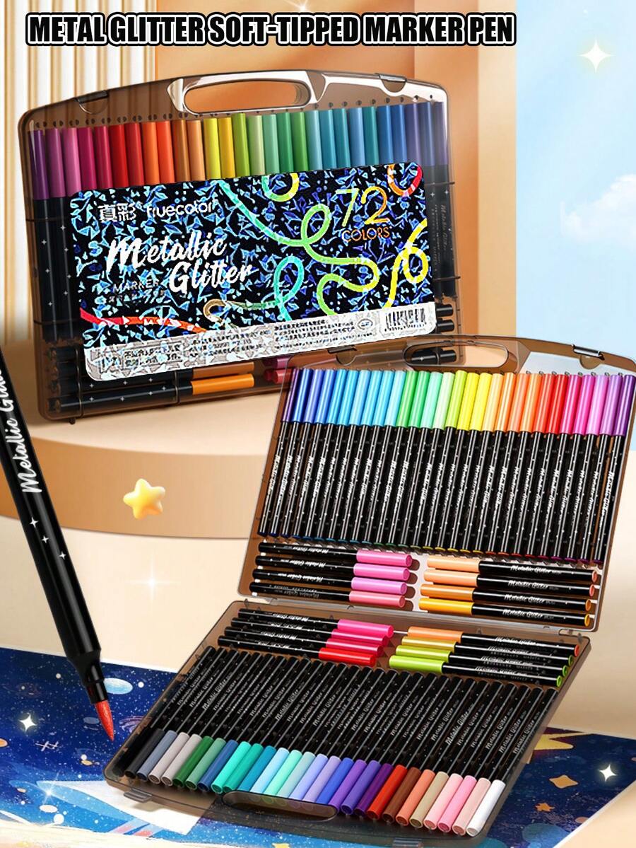 72色闪光笔尖马克笔，小巧黑色盒装闪光马克笔，学生绘画闪光笔，艺术绘画和涂鸦笔，适用于绘画、日记、贺卡制作等。