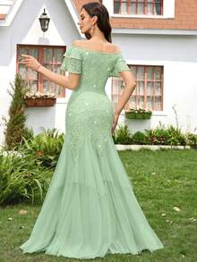 Đầm maxi dáng đuôi cá cổ thuyền đính sequin, ren hoa phối lưới tương phản, tay bồng, kiểu dáng thanh lịch dành cho nữ, thích hợp cho khách dự đám cưới, lễ tốt nghiệp, tiệc gala và các dịp trang trọng khác. - Màu xanh Bạc hà - Xem 3