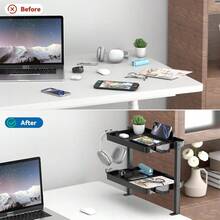 Clamp On Desk Organizer - Adjustable 2 - Tier Above Or Under Desk Shelves With Large Capacity Tray, Phone Tablet Holder, Headphone Hook - No Drilling Desktop Storage Office Home Accessories - 最初的 - 查看 7