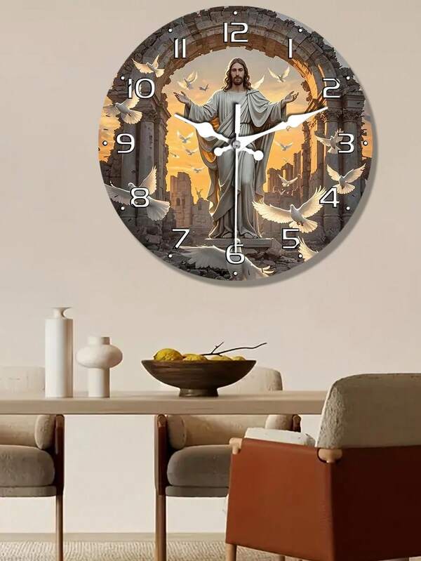 1pc Silent Quartz Wall Clock, Jesus & Peace Design - Modern Wooden Art Decor, Ideal For Bedroom, Apartment, Dorm, Bathroom - Perfect Gift For Halloween, Christmas, Easter - Uses AA Battery (Battery Not Included), Silent Wall Clock