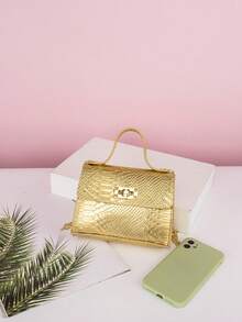 1个女童迷你蛇纹手提包单肩包零钱包，旋扣翻盖，链条肩带，简约时尚，理想的礼物之选 - M1000 - 查看 9