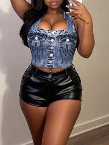 Women Sexy Blue Washed Denim Halter Neck Crop Top, Halter Square Neck Button Down Pocket Detail, Summer Hit, Suitable For Summer Party Going Out Girlfriends Gathering - Blue - View 6