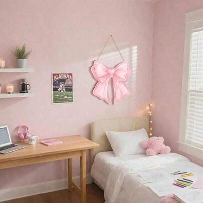1pc Pink Bow Wooden Sign, Suitable For Home Decor, Girls' Apartment Decor, Dorm Room Decor, Also Great As A Gift