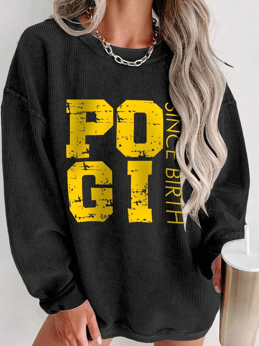 Valentine Outfits For Women, POGI Since Birth Graphic Print, Casual Crew Neck Sweatshirt, Cozy Streetwear, Everyday Style,Essentials Hoodie,Summer Outfits For Women,Spring Tops - 黑色 - 查看 1