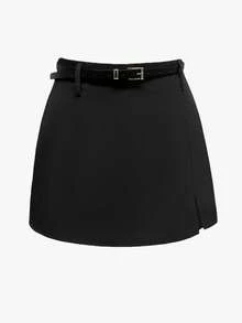 1件优雅纯色开衩简约百搭女士短裙（含腰带）黑色夏季款 - 黑色 - 查看 7