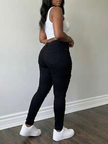 Women's High Waisted Multi-Ripped Skinny Jeans - Heavily Distressed Solid Black Bodycon Denim Pants Aesthetic Streetwear - 黑色 - 查看 4