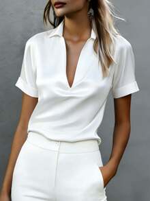 女士休闲优雅短袖翻领衬衫，聚酯纤维面料，常规长度，半透明材质，时尚设计，白色，夏季款 - 白色 - 查看 1