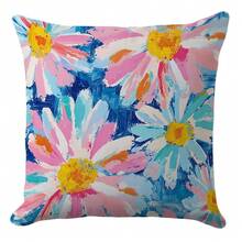 Floral Pillow Cover 18x18 – Colorful Daisy Throw Pillow Case With Blue Background – Vibrant Summer Cushion For Coastal Living Room, Outdoor Patio Or Beach House Decor - 藍粉黃 - 查看 2