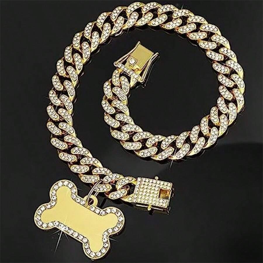 嘻哈链项链，宠物狗项链，带骨头吊坠，时尚奢华嘻哈风格，镶嵌水钻，可调节宠物项圈项链，适合猫狗佩戴 - 彩色 - 查看 1