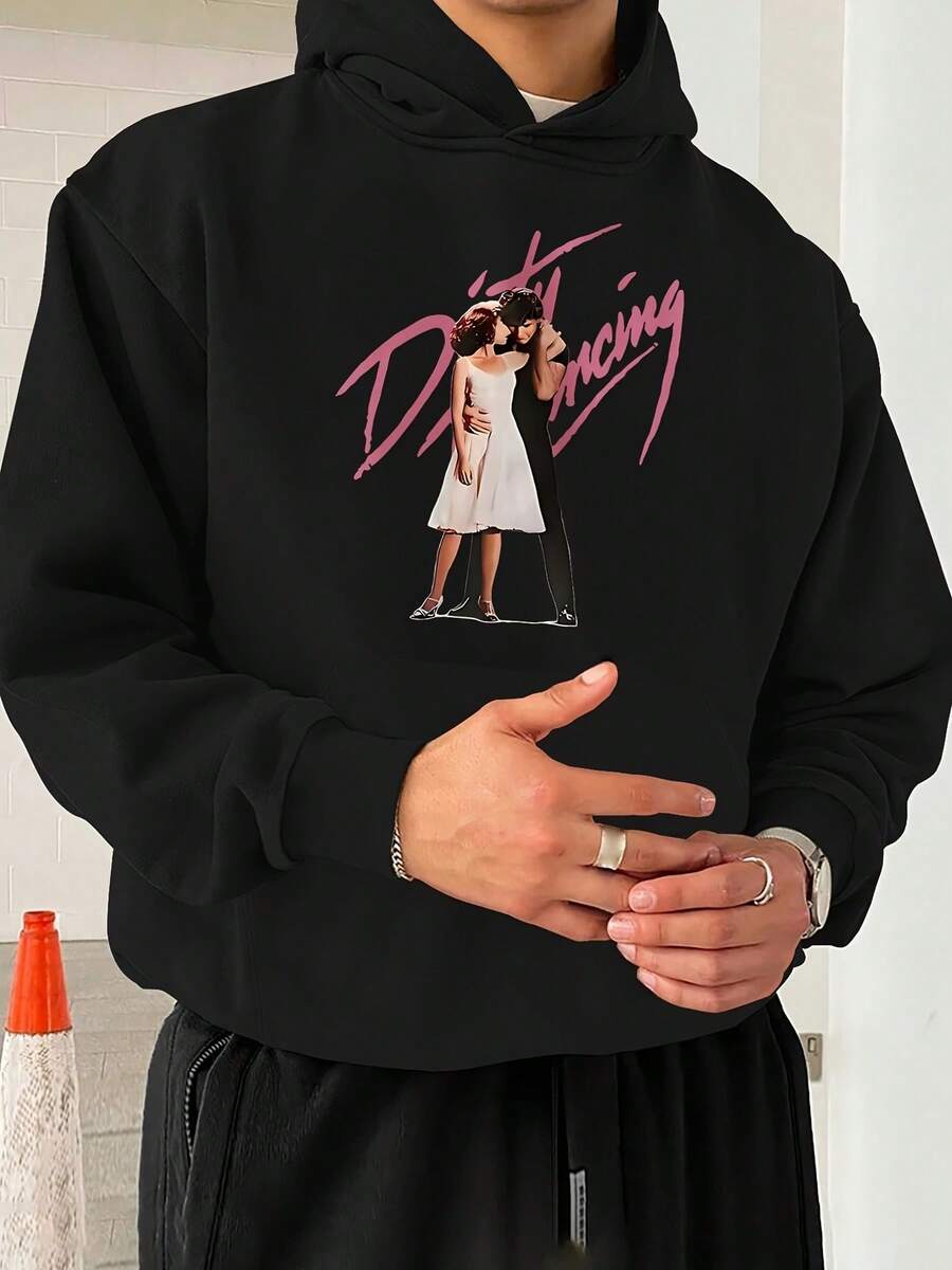 Dirty Dancing Graphic Black Hoodie - Stylized Cursive Text & Couple Dancing Illustration, Indoor Setting White Tiled Wall Design, Perfect For Fans Of The Movie, Casual Dark Hooded Sweatshirt With Zipper & Pocket Details - 黑色 - 查看 1