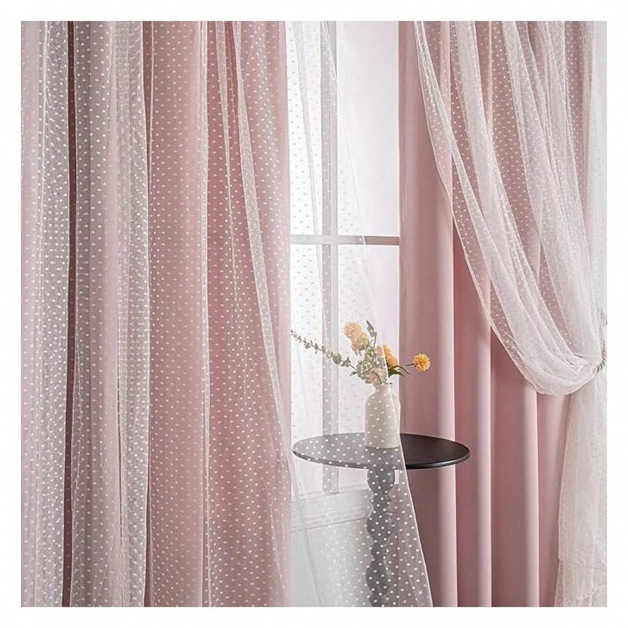 Pink Curtains For Bedroom, 63 Inch Blackout Curtains, Cute Polka Dot Sheer, Grommet Top, 52x63, 2 Panels - 如圖05所示 - 查看 1