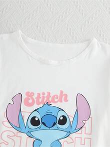 Disney 迪士尼授權 Stitch 女款兩件式睡衣套裝，白色可愛卡通 Stitch 印花，圓領短袖上衣與長褲，舒適針織面料居家服套裝，可愛優雅休閒風 - 白色 - 查看 3