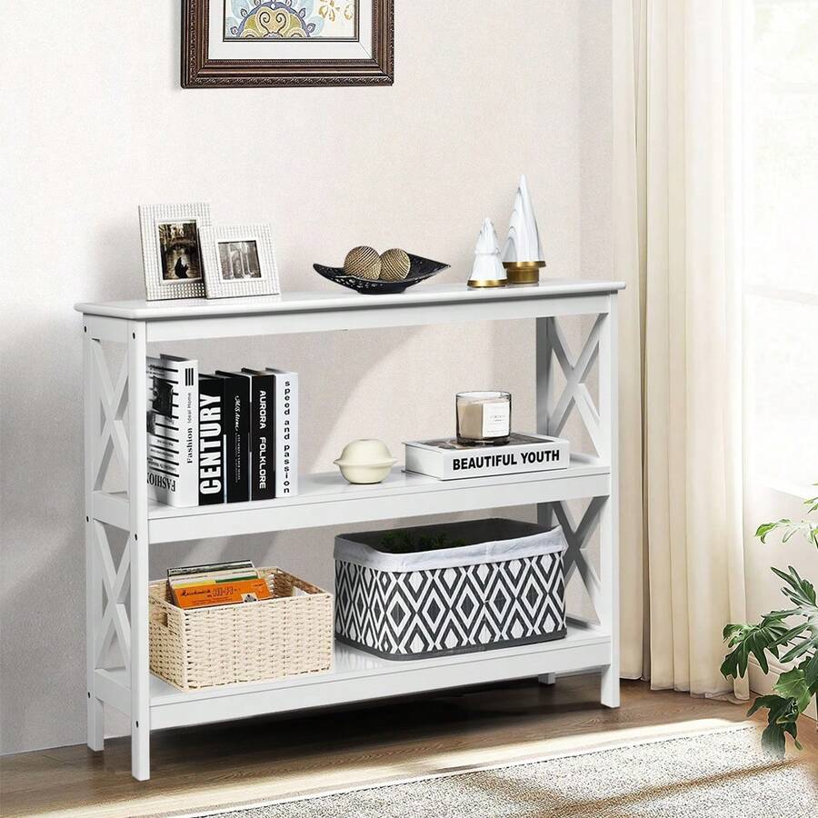 COSTWAY Industrial 3-Tier Console Table, Rustic Sofa Side Table With Storage Shelf, X-Design Bookshelf Narrow Accent Table For Entryway Hallway Living Room, Black/White - White - View 1