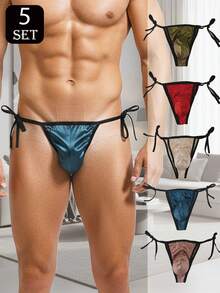 5-Pack Men's Thongs, Glossy And Smooth Silk Thong Briefs With Bow Tie Straps, Suitable For Daily Wear And Special Occasions - 混合色 - 查看 1