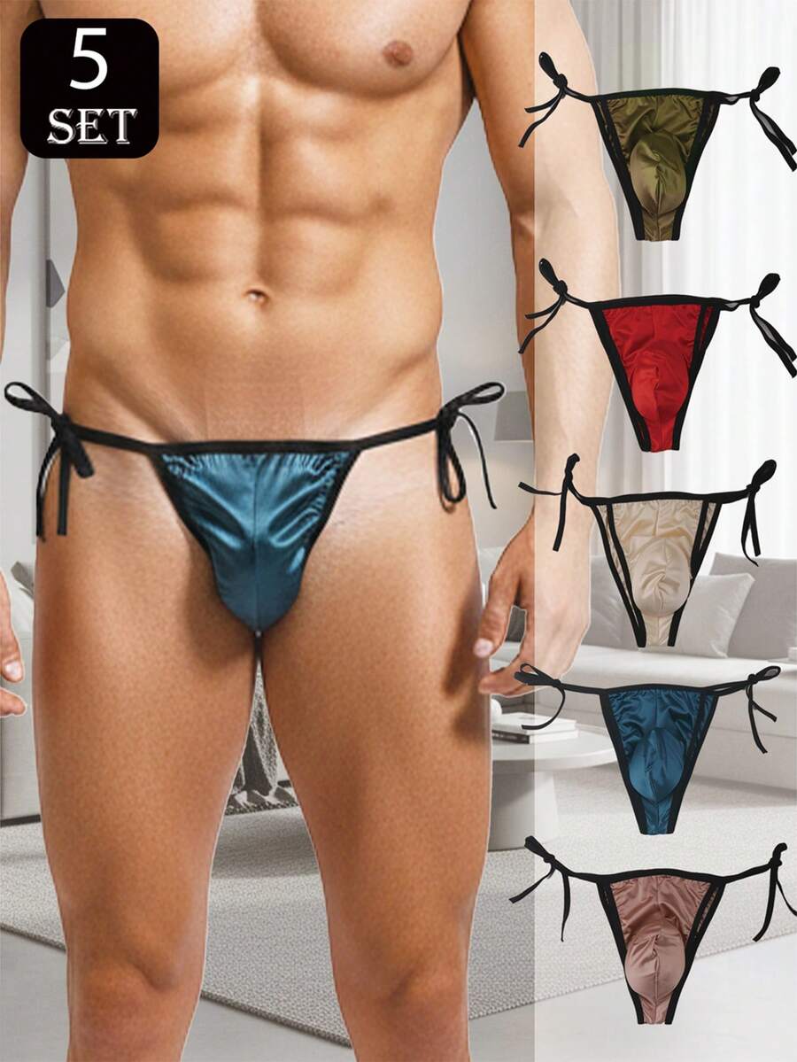 5-Pack Men's Thongs, Glossy And Smooth Silk Thong Briefs With Bow Tie Straps, Suitable For Daily Wear And Special Occasions - 混合色 - 查看 1