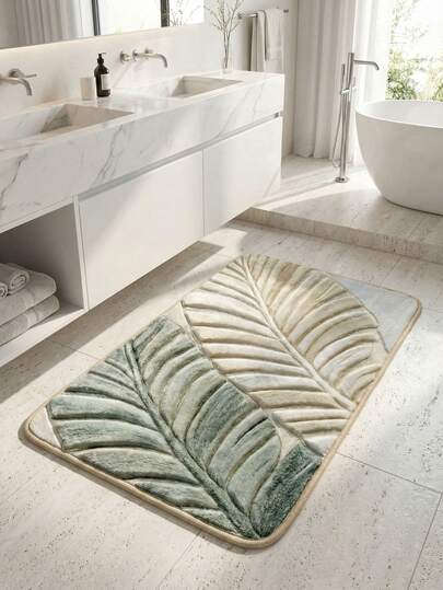1pc Vintage Leaf Design Bath Mat, Absorbent Quick Dry Kitchen Rug, Non-Slip Super Soft Entrance Carpet, Suitable For Bathroom, Shower Room And Bathtub - Rectangular, Waterproof Easy To Clean Bathroom Accessories, Home Decor