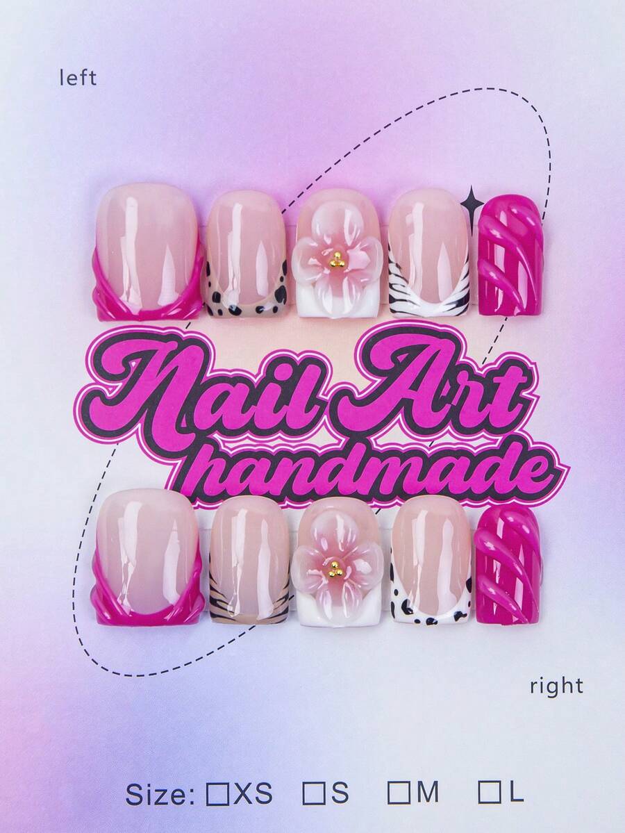10片/套 手工方形美甲贴片，Y2K 酷炫风格，裸色、粉色、红色渐变法式美甲，花卉、星星、豹纹图案，闪亮美甲装饰，适合派对、婚礼、日常佩戴，包含工具包，是送给女性和女孩的绝佳礼物，手工美甲贴片 - 玫紅色 - 查看 1