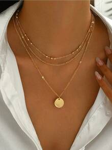 3PC Light Luxury 3-Layer Disc Choker Minimalist Design Party Jewelry Fashionable Elegant All-Season Necklace Daily Wear Necklace Simple Stylish Party Necklace Minimalist Versatile Gift Necklace Minimalist Office Accessories Light Luxury Elegant All-Season Necklace  Suitable For Daily Wear, Office, Party, Birthday, Valentine's Day Gift, Dainty Non-Tarnish Fashion Accessory, Hypoallergenic Layered Neckwear, Best Seller Minimalist Jewelry, Perfect Gift For Her, Girlfriend, Mom, Friends - 金色 - 查看 7