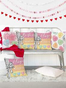 Valentinstag Kissenbezüge 45x45cm Set mit 4 Stücke, Sei mein Valentinsherz Umarmungen Küsse Liebe XOXO süße dekorative Landhausstil Feiertags Kissenhülle für Heim Dekoration - Babypink - Übersicht 3