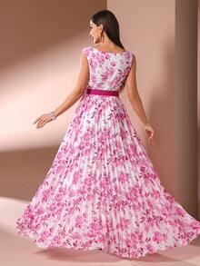 Đầm chữ A không tay thanh lịch dành cho nữ, cổ áo xếp ly và thắt lưng họa tiết hoa, thích hợp cho mùa hè, đi biển, kỳ nghỉ và nhiều dịp khác. - Màu Hồng Tươi - Xem 8