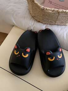 XIXITIAO 1双可爱大眼黑猫夏季卡通情侣软底休闲拖鞋，防滑时尚室内/室外拖鞋 - 黑色 - 查看 9