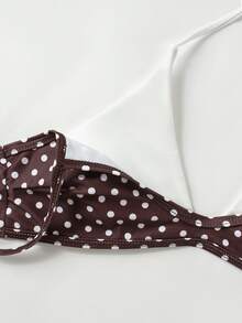 两件套波点挂脖比基尼高腰泳衣，夏季度假泳装比基尼套装 - 咖啡棕 - 查看 9