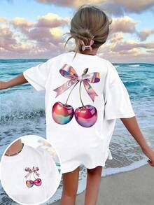 Tween Girl Cherry Print Round Neck Short Sleeve Casual Versatile T-Shirt - White - View 8