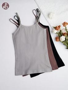 3 piezas Tops de camiseta interior sin costuras de unicolor para mujeres, elásticos y transpirables, para todas las estaciones - Multicolor - Ver 2