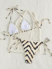 Women's Retro Nautical Bikini Set, Triangle Top & Side-Tie Bottoms, Adjustable Straps Geometric Print, UPF 50+ Sun Protection With Drawstring Bag, For Tropical Vacation - Multicolor - View 3