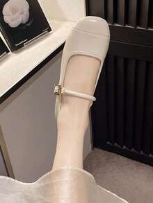 女士方头平底鞋，复古玛丽珍皮鞋，优雅法式休闲舒适通勤鞋，金属扣装饰芭蕾舞鞋