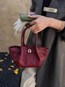 Fashionable & Popular PU Pebble Texture Handbag, Unique European & American Design, Buckle Closure Bucket Bag For Women, Suitable For Street, Commute, Party, Gift-Giving, Autumn/Winter - Burgundy - View 3