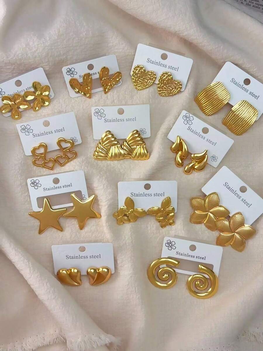 9 Pairs Of Elegant Style Stainless Steel Cast Flower-Shaped, Teardrop-Shaped, Butterfly-Shaped, Wing-Shaped And Other Geometric-Shaped Earrings. These Simple Yet Fashionable Stainless Steel Earrings Are Suitable For Ladies To Wear In Their Daily Lives And Are The Best Gifts For Female Friends. - Gold - View 1