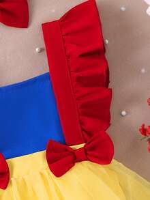 1pc Toddler Girls' Lovely Red, Blue & Yellow Patchwork Mesh Suspender Dress, Summer Holiday - Multicolor - View 4