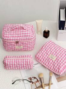 Quilted Cosmetic Bag Set, Stylish Travel Toiletry Bag, Cute Small Pouch, Kawaii Cosmetic Bag, Travel Plaid Cosmetic Organizer Bag With Zipper Pocket, Plaid Style Cosmetic Bag , Travel Makeup Bag, Large Capacity Pencil Case, Makeup Brush Holder, Holiday Travel Toiletry Bag, Bathroom Accessories, Wedding Gift - Pink - View 6